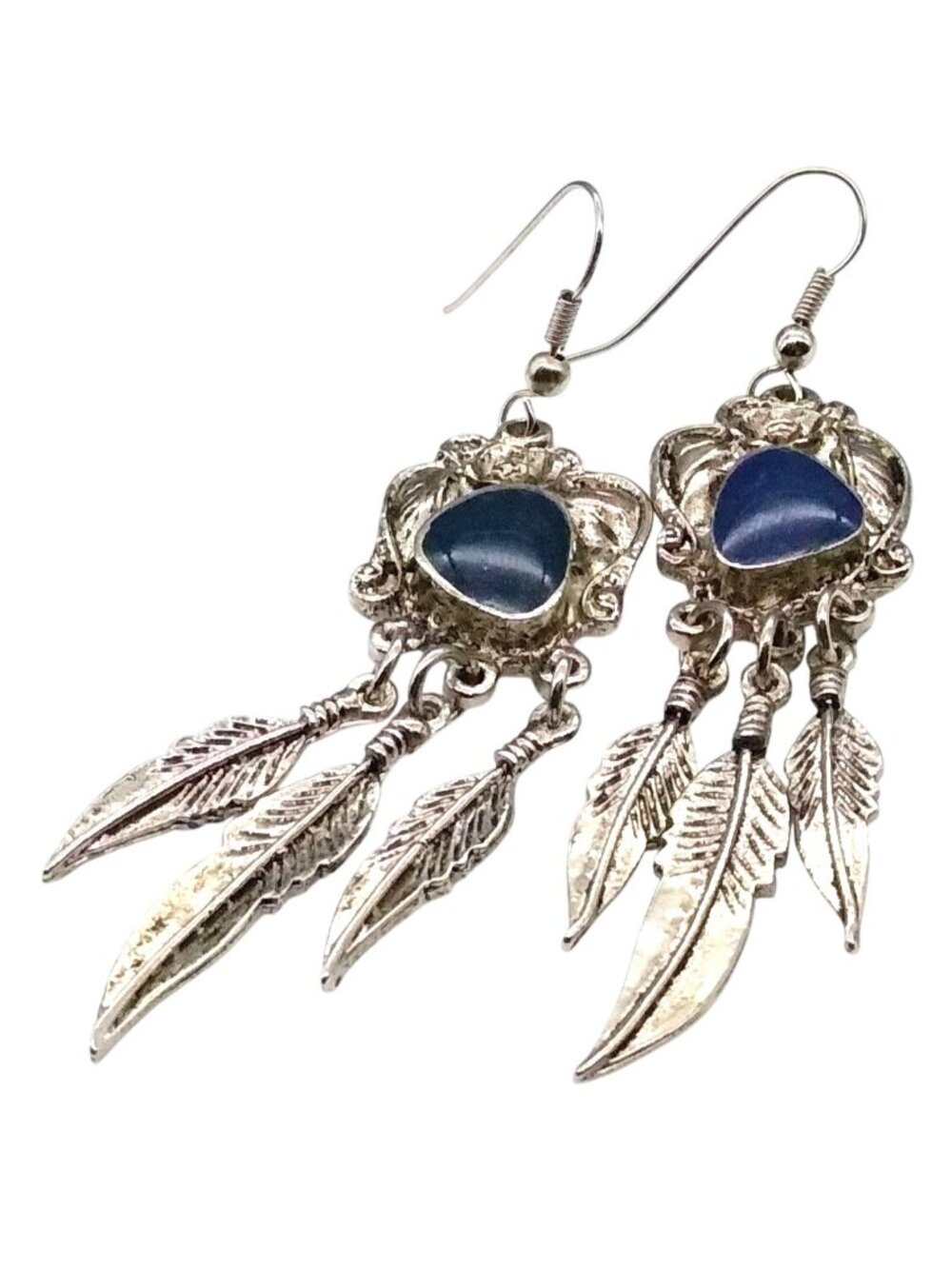 Vintage Starry Sky Stone and Feathers Earrings, Dangle Cabochon Blue Sandstone - Picture 2 of 5